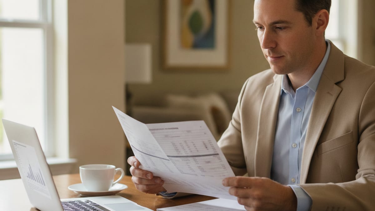 A person reviewing a retirement account statement at a desk with a coffee cup nearby