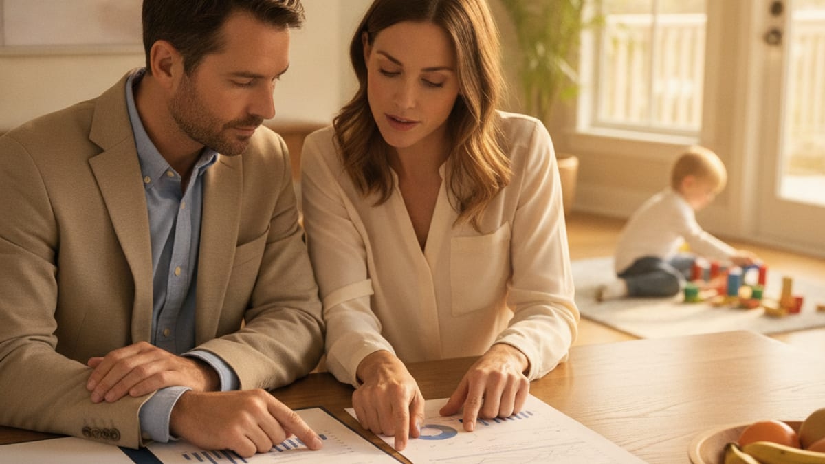 A parent and young child looking at a laptop together at a kitchen table, college savings paperwork nearby