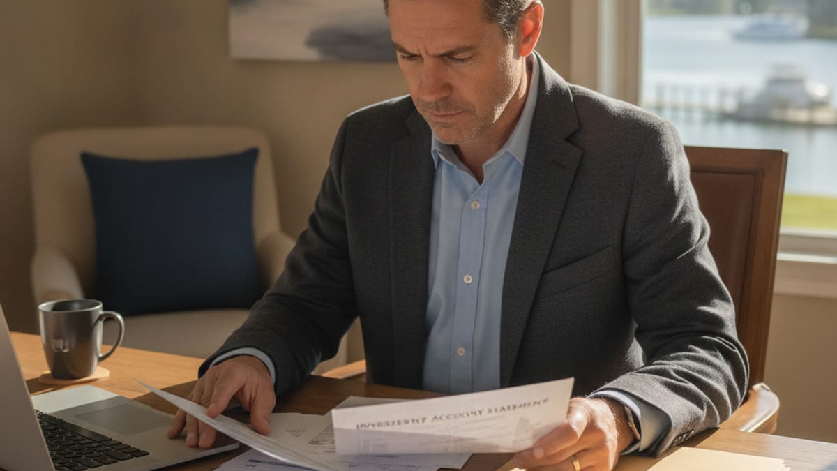 A person reviewing investment account statements and a calculator at a home office desk