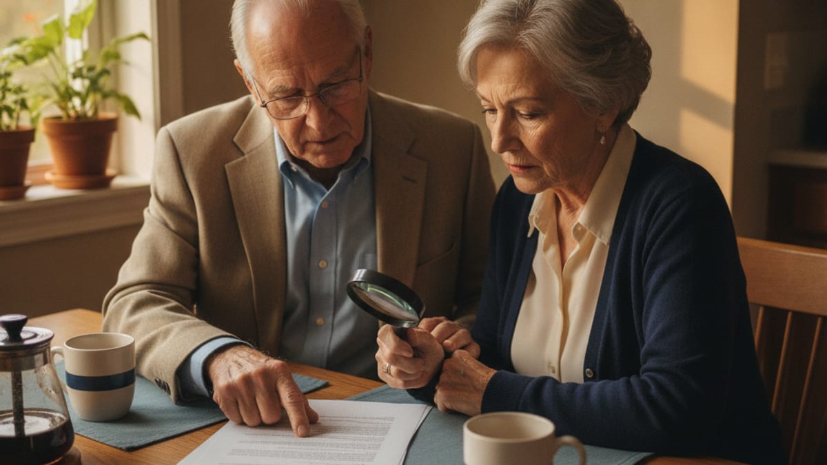 A retiree reading a financial contract at home with reading glasses and a pen on the table