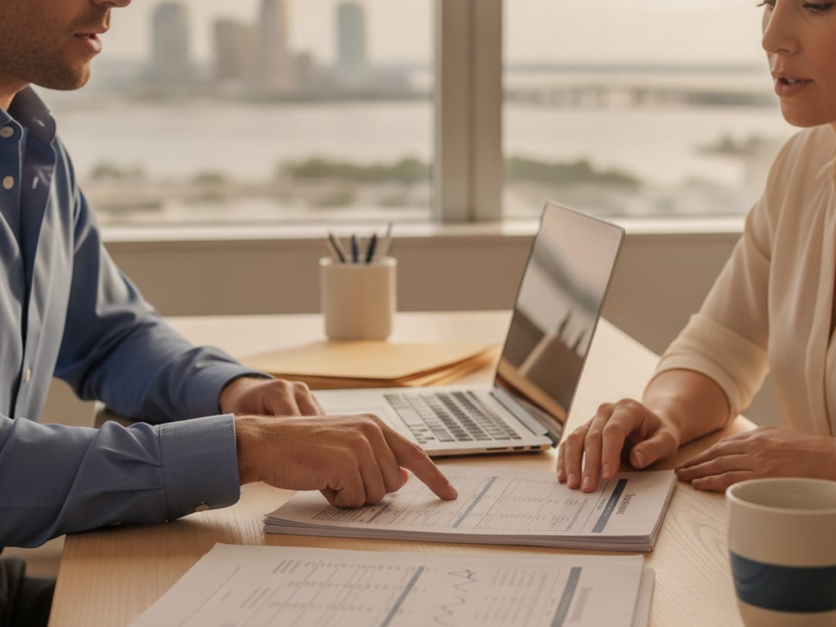 Retirement account paperwork and a laptop on a desk during a 401k rollover consultation