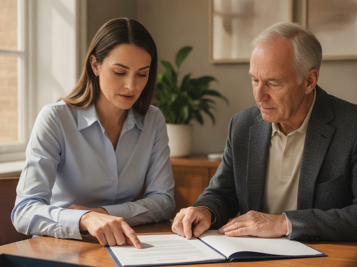 Planner reviewing an annuity contract and fee schedule with a client in Tampa Bay