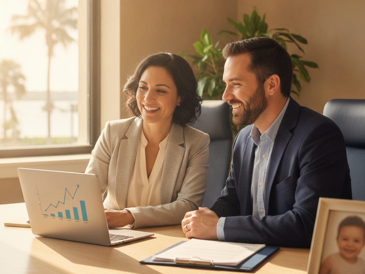 Parent and financial planner reviewing college savings account options for a child