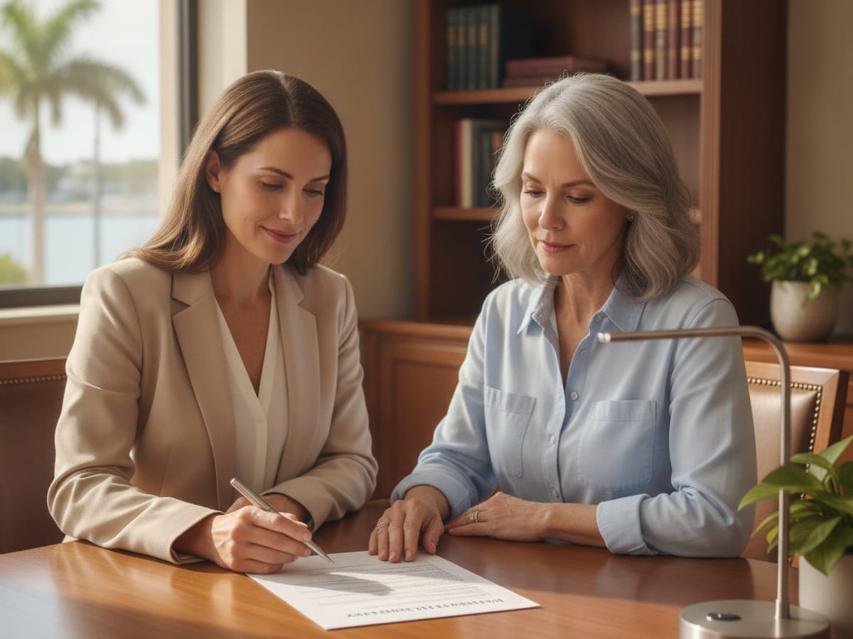 Planner reviewing beneficiary designation forms with a client at a Tampa Bay office