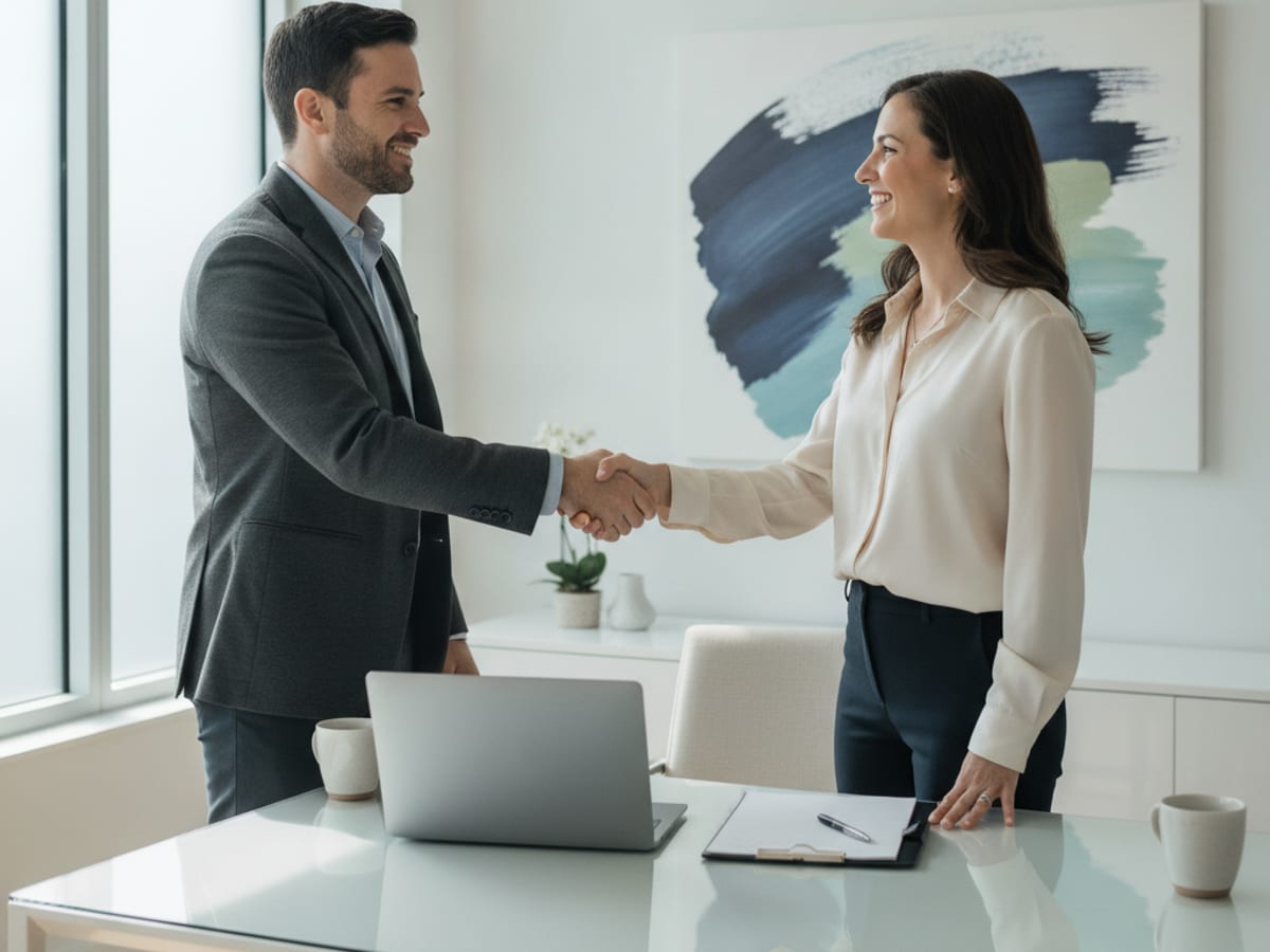Client and financial planner shaking hands after a matching consultation in Tampa Bay