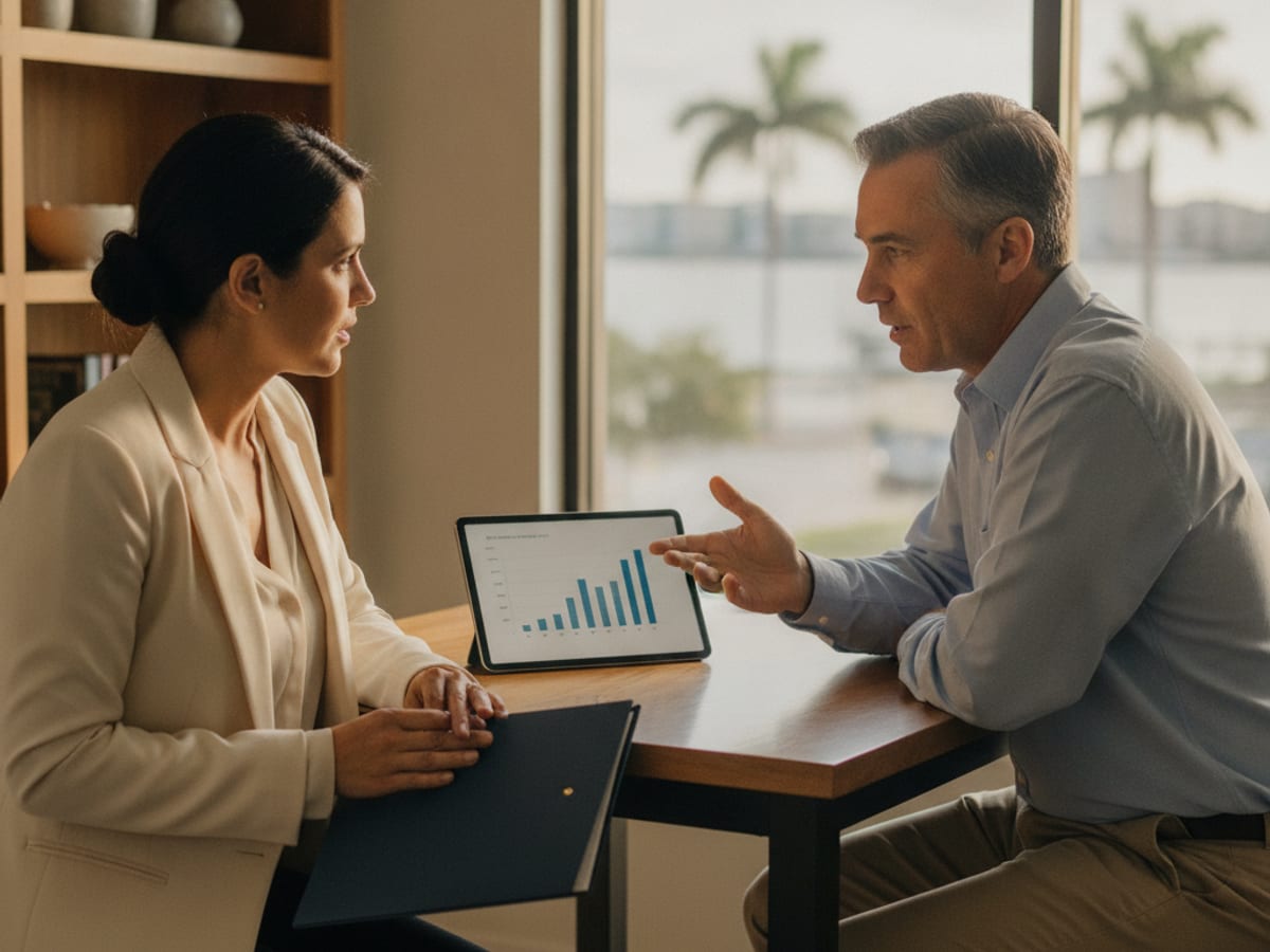 Small business owner and financial planner discussing retirement plan options at a Tampa Bay office