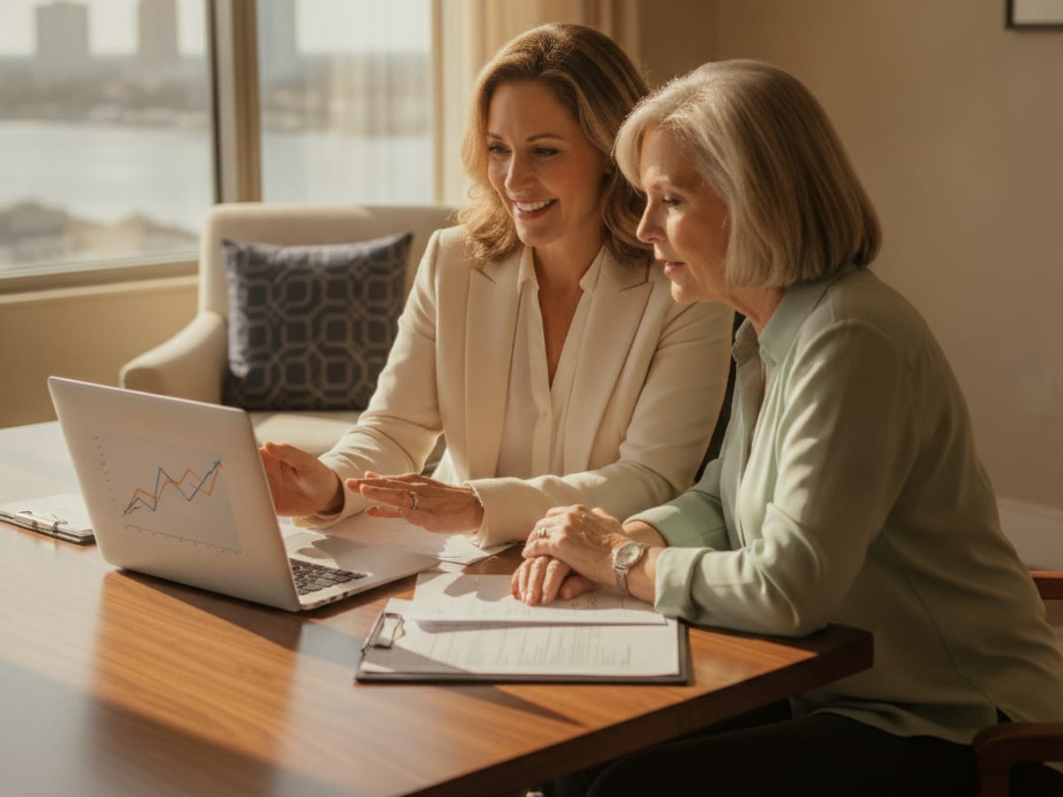 Planner explaining Social Security claiming age options on a laptop with a retired couple